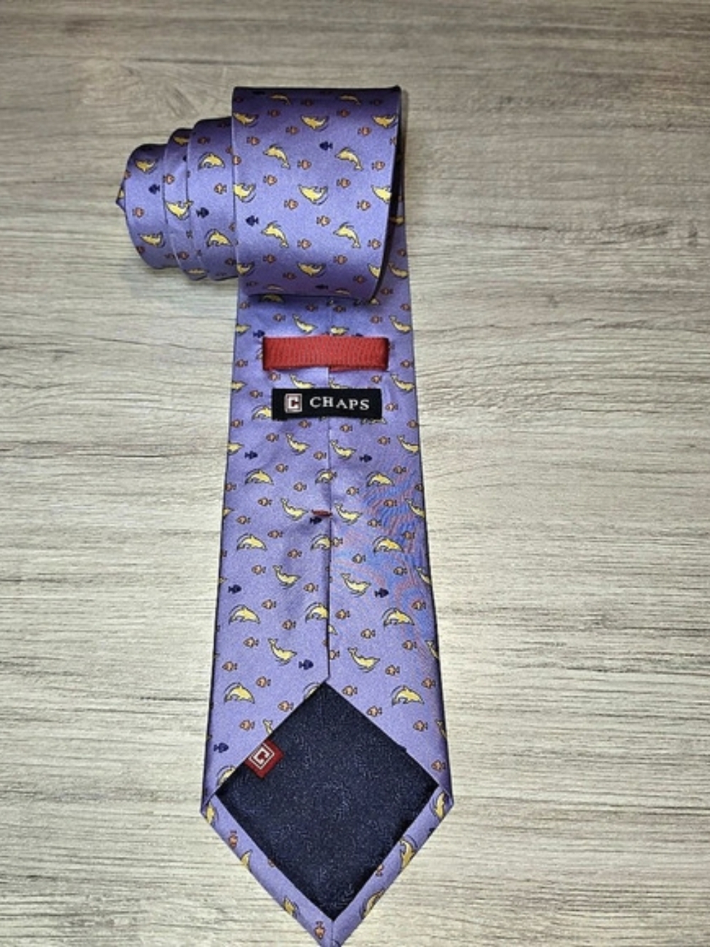 Chaps Purple Necktie With Yellow Dolphin Men's 100% Silk